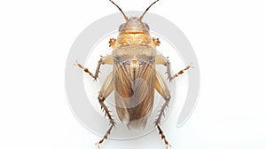 Gryllotalpa gryllotalpa specimen isolated on white backdrop. Close-up of a mole cricket. Concept of underground insects