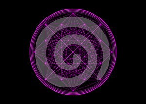 Line drawing mandala, sacred geometry, purple neon sign, logo design element. Geometric mystic round emblem of alchemy esoteric