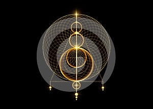 Sigil of Protection. Gold Magical Amulet. Luxury golden logo shiny overlapping circles print. Magic Alchemy of Sign Occult. Wiccan photo