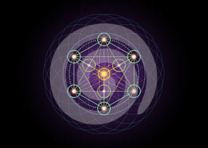 Alchemy occult sign, Metatrons Cube, Flower of Life. Sacred geometry, graphic element magic hexagram. Vector Mystic icon platonic photo