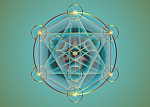 Alchemy occult Mandala, Metatrons Cube, Flower of Life. Gold Sacred geometry, graphic element magic hexagram. Vector Mystic sign photo