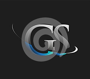 GS initial logo company name colored blue and white swoosh design, isolated on dark background. vector logo for business and