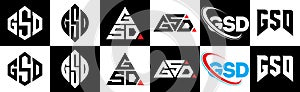 GSD letter logo design in six style. GSD polygon, circle, triangle, hexagon, flat and simple style with black and white color
