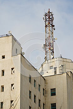 Gsm antennas installed on a block of flats. radiation hazard.