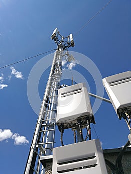 GSM base station antenna in front of blue cloudy sky