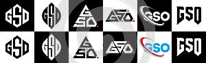 GSO letter logo design in six style. GSO polygon, circle, triangle, hexagon, flat and simple style with black and white color