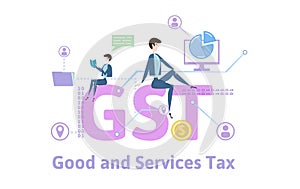 GST, Goods and Services Tax. Concept table with keywords, letters and icons. Colored flat vector illustration on white