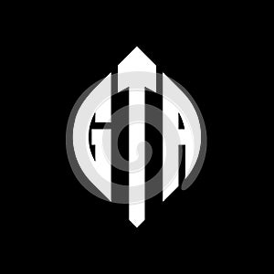 GTA circle letter logo design with circle and ellipse shape. GTA ellipse letters with typographic style. The three initials form a