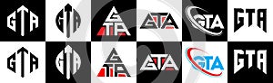 GTA letter logo design in six style. GTA polygon, circle, triangle, hexagon, flat and simple style with black and white color