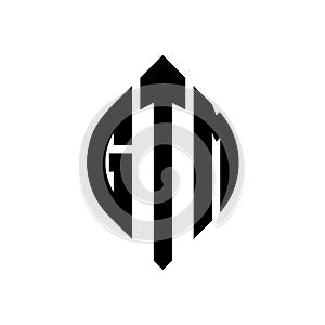 GTM circle letter logo design with circle and ellipse shape. GTM ellipse letters with typographic style. The three initials form a photo