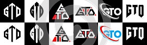 GTO letter logo design in six style. GTO polygon, circle, triangle, hexagon, flat and simple style with black and white color