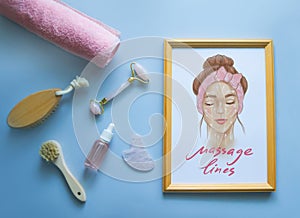 Gua Sha massage. Dry lymphatic drainage massage. Wooden brush and gua sha scraper, face roller and oil. Scheme of massage lines of