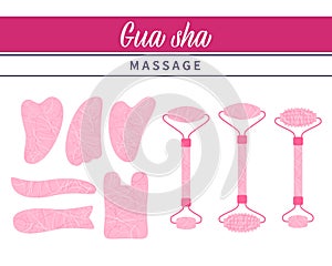 Gua Sha massage for skin. Set of rose quartz stones and rollers for facial massage