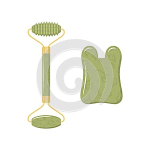 Gua sha scraper and jade roller for facial massage. Collection of different shape natural green nephrite stones. Skin