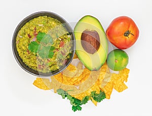 Guacamole Avocado with chips mexican food flat lay top view isolated