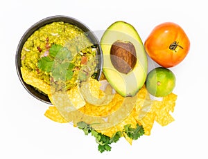 Guacamole Avocado chips Mexican food flat lay top view isol