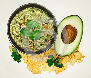 Guacamole Avocado with chips mexican food flat lay top view isolated