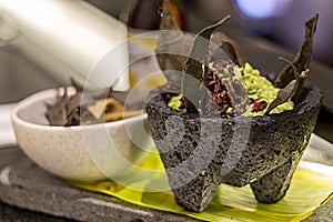 Guacamole with chapulines on molcajete. traditional mexican food