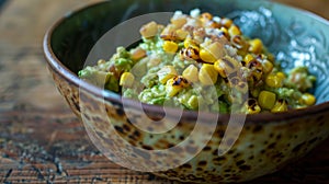 Guacamole with charred corn in a speckled bowl, a rustic delight