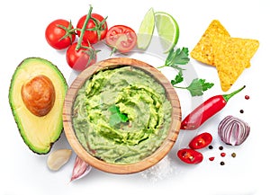 Guacamole and guacamole sauce ingredients isolated on white background. Flat lay