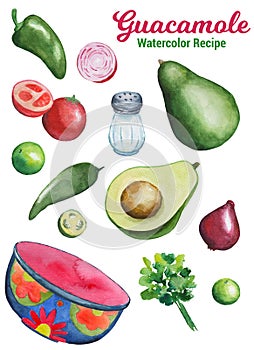 Guacamole ingredients handdrawn illustration. Vegetables and kitchenware
