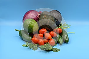 Guacamole Ingredients on a Seamless Blue Background.