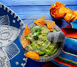 Guacamole with nachos in Mexican molcajete