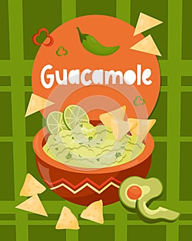 Guacamole. Traditional Mexican food. Green guacamole sauce in bowl with nachos and lime and avocado slices. Vector