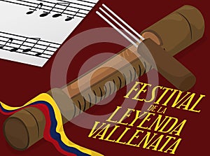 Guacharaca, Fork and Music Notes Ready for Vallenato Legend Festival, Vector Illustration