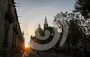 Sunset at the end of the street near the Guadalajara Cathedral, Jalisco, Mexico