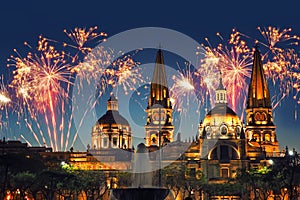 Guadalajara Cathedral (Mexico) with fireworks