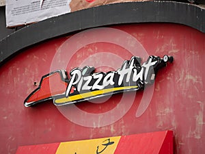 Guadalajara, Jalisco Mexico - December 13, 2023: Logo of the Pizza Hut fast food restaurant in the city of Guadalajara, Mexico