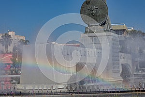 Guadalajara, Jalisco Mexico. January 8, 2023. Rainbow reflected on breeze of water with fountain in operation