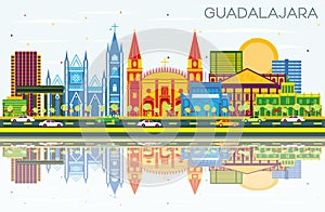 Guadalajara Mexico Skyline with Color Buildings, Blue Sky and Re