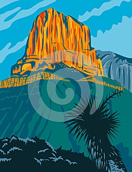 Guadalupe Mountains National Park with El Capitan Peak Texas United States WPA Poster Art Color