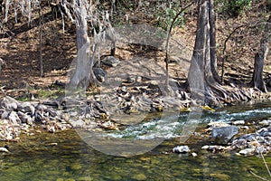 The Guadalupe River in Gruene Texas flow quietly in late winter