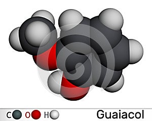 Guaiacol molecule. It is expectorant, disinfectant, plant metabolite. Present in wood smoke. Molecular model. 3D rendering