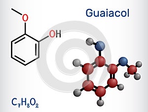 Guaiacol molecule. It is expectorant, disinfectant, plant metabolite. Present in wood smoke. Structural chemical formula, molecule