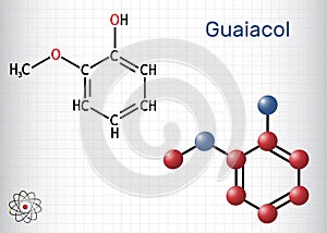 Guaiacol molecule. It is expectorant, disinfectant, plant metabolite. Present in wood smoke. Structural chemical formula, molecule