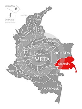 Guainia red highlighted in map of Colombia photo