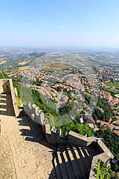 Guaita Castle in San Marino. Exterior of Rocca della Guaita castle. View to the lower part of San Marino