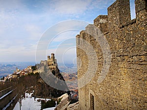The Guaita La Rocca Fortress, view from The Cesta Fortress, San Marino photo