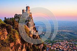 Guaita tower fortress on sunrise, San Marino photo