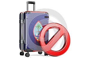 Guam Entry Ban. Suitcase with Guamanian flag and prohibition sign. 3D rendering