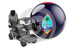 Guamanian flag with indoor powerchair or electric wheelchair, 3D rendering