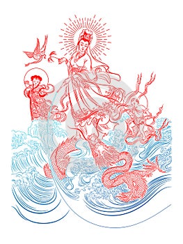 Guan Yim children & Dragon Chinese goddess illustration photo