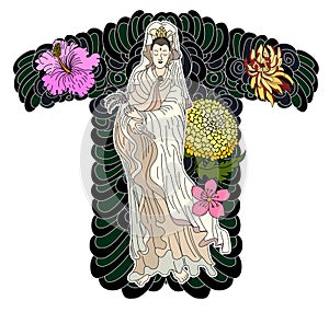 Guan Yin women god of Buddhism with cherry blossom design for traditional tattoo