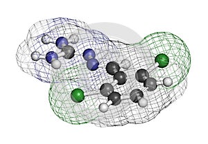 Guanabenz antihypertensive drug molecule. 3D rendering. Atoms are represented as spheres with conventional color coding: hydrogen