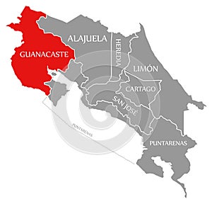 Guanacaste red highlighted in map of Costa Rica