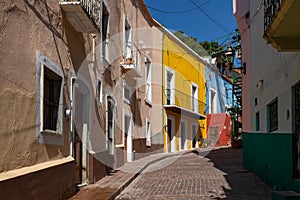 Guanajuato City historic center. Colorful homes built on hillside. Guanajuato State, Mexico